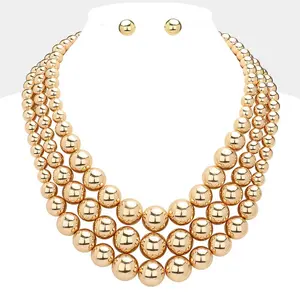 Oversized Triple Layered Metal Ball Statement Necklace: Gold
