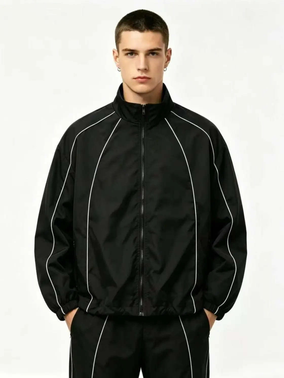 Men's Y2K Streetwear Windbreaker Full Zip Track Jacket Lightweight Casual Coat Decorative Contrast White Piping Adjustable Cinch Hem Baggy Oversized Parachute Jacket with Zipper Pockets Retro Athletic Outerwear Black fall clothes