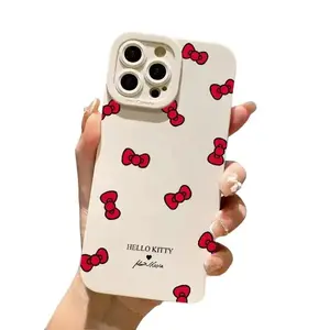 Cute Hello Kitty BowKnot Pattern Phone Case For iPhone 16 Pro Max 15 14 11 12 13 16 Plus Matte Silcone Cover Protection Protective