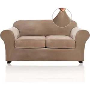 Velvet Couch Cover Loveseat Covers for 2 Cushion Couch 3 Piece Sofa Covers for Dogs Washable Loveseat Covers Width Up to 72 Inch No Slip Stretch Sofa Slipcover(Medium, Camel)