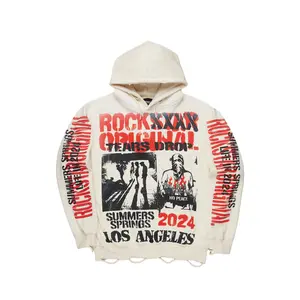 Omer Beige Distressed Graphic Hoodie