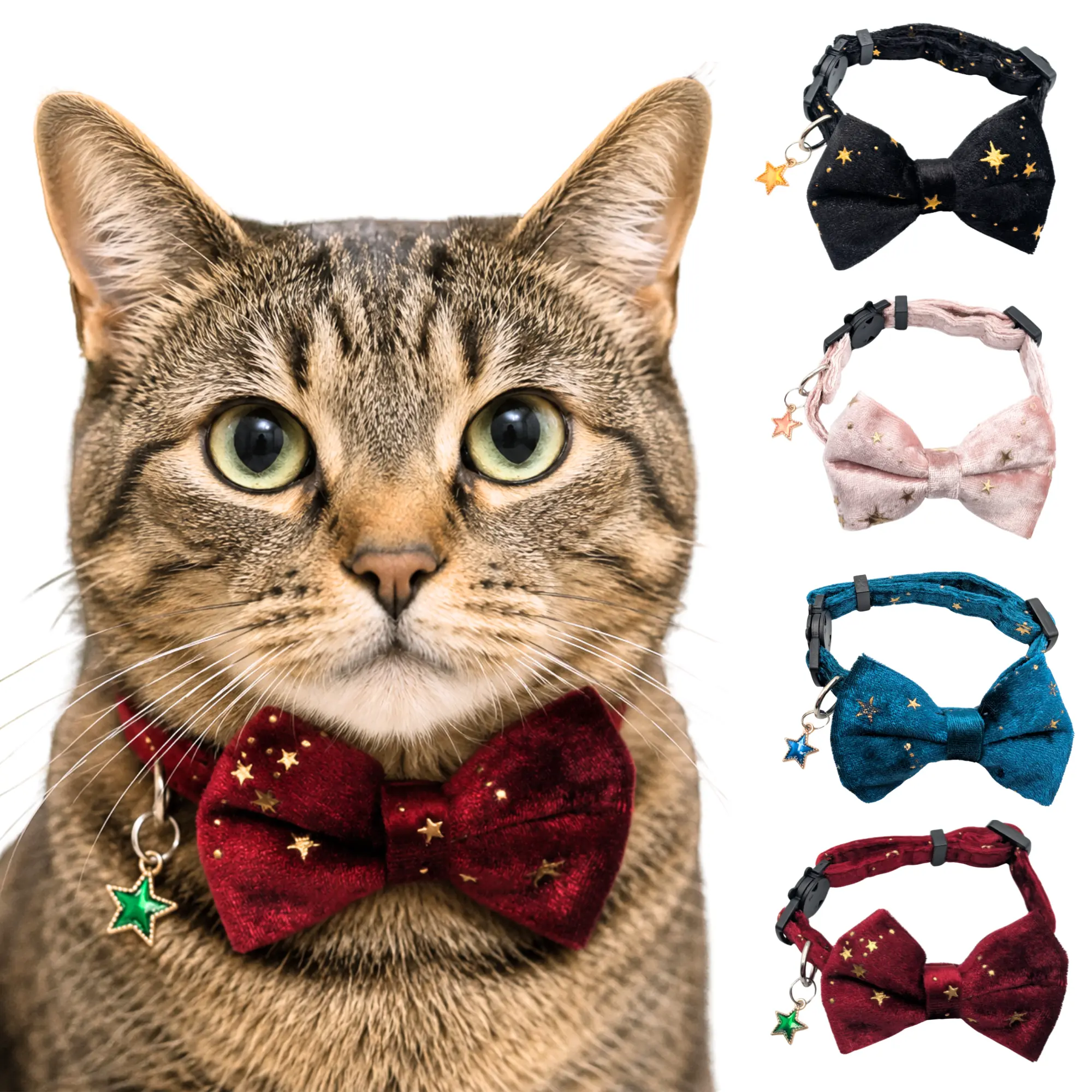 Red Celestial Velvet Bowtie Cat Collar, breakaway, with green star charm