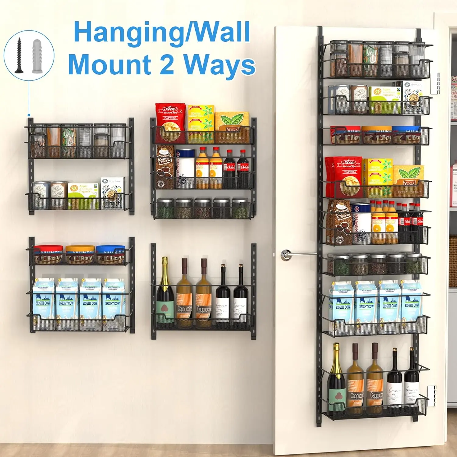 Over the Door Pantry Organizer - 8-Tier Adjustable Hangable Carbon Steel Storage Rack with Anti-swing Stickers, Sturdy Metal Holder Fits 20"+ Doors for Kitchen Pantry Spices, Collectibles, Eight-Tier