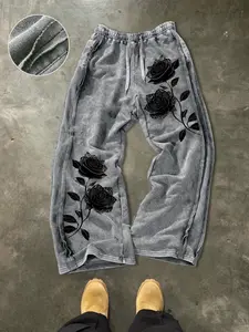 Men's Casual Loose Cotton Sports Pants, Rose Print, Street Style, Drawstring Waist, All Seasons, Fitted, Natural Waist, Athleisure Sweatpants, Casual Sporty Pants