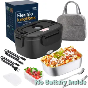 Electric Lunch Box Food Heater for Adults, Heated Lunch Box 12V/24V/110V Portable Food Warmer for Car/Truck/Office 1.8L Removable Stainless Steel Container with Fork Spoon and Bag