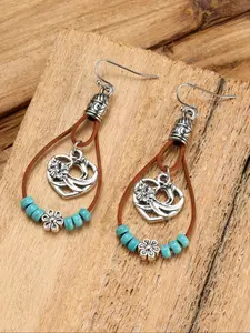 Boho Style Turquoise Texture Decor Dangle Earrings, Vintage Style Heart Design Dangle Earrings, Fashion Jewelry Accessories for Women & Girls