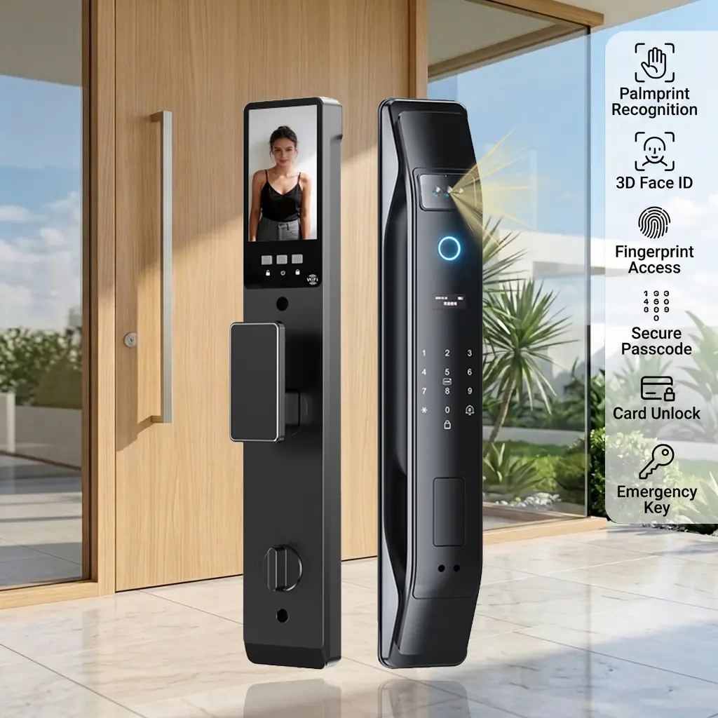 [US Stock] Smart Lock with Palmprint and 3D Face Recognition, Video Intercom Door Lock Works with Tuya, 6068 Mortise (24x240mm)