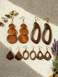 Wooden Dangle Earrings, Boho Style Hollow Out Geometric Design Earrings, Fashion Jewelry Accessories for Women & Girls