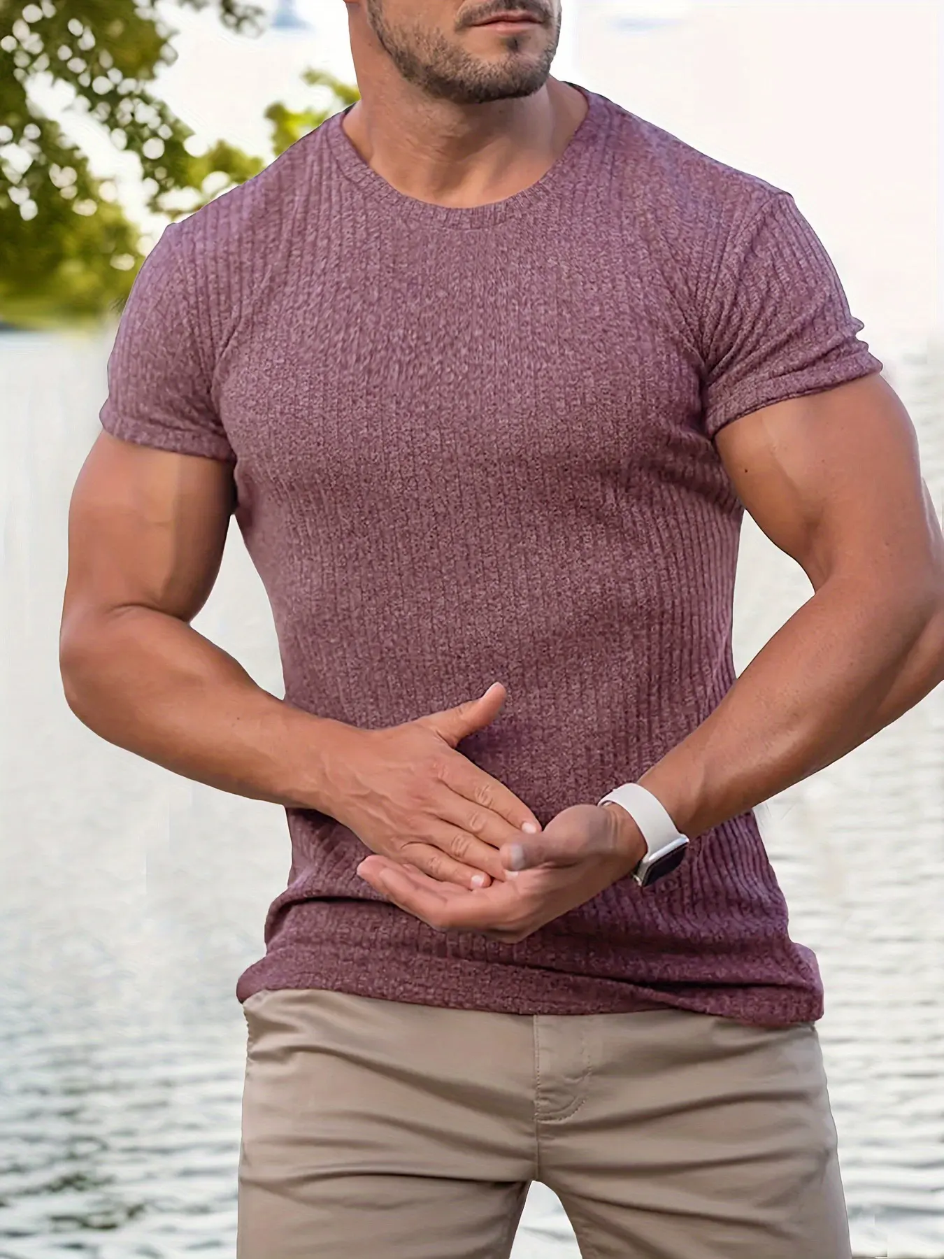 Men's vertical stretch round neck solid color quick-drying short-sleeved T-shirt, breathable, sweat-absorbing and moisture-wicking, suitable for sports, fitness, casual daily fashion, Casual Sporty Style, essential for men's wardrobes, Casual Sporty Top