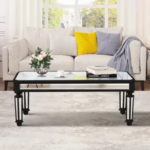[SOIYELIFE] Silver Mirrored Coffee Table, Black Vintage Carved Wooden, Rectangle Glass Tea Table with Mirrored Finish, Modern Center Table for Living Room and Office (24" D x 48" W x 18" H),Unique furniture
