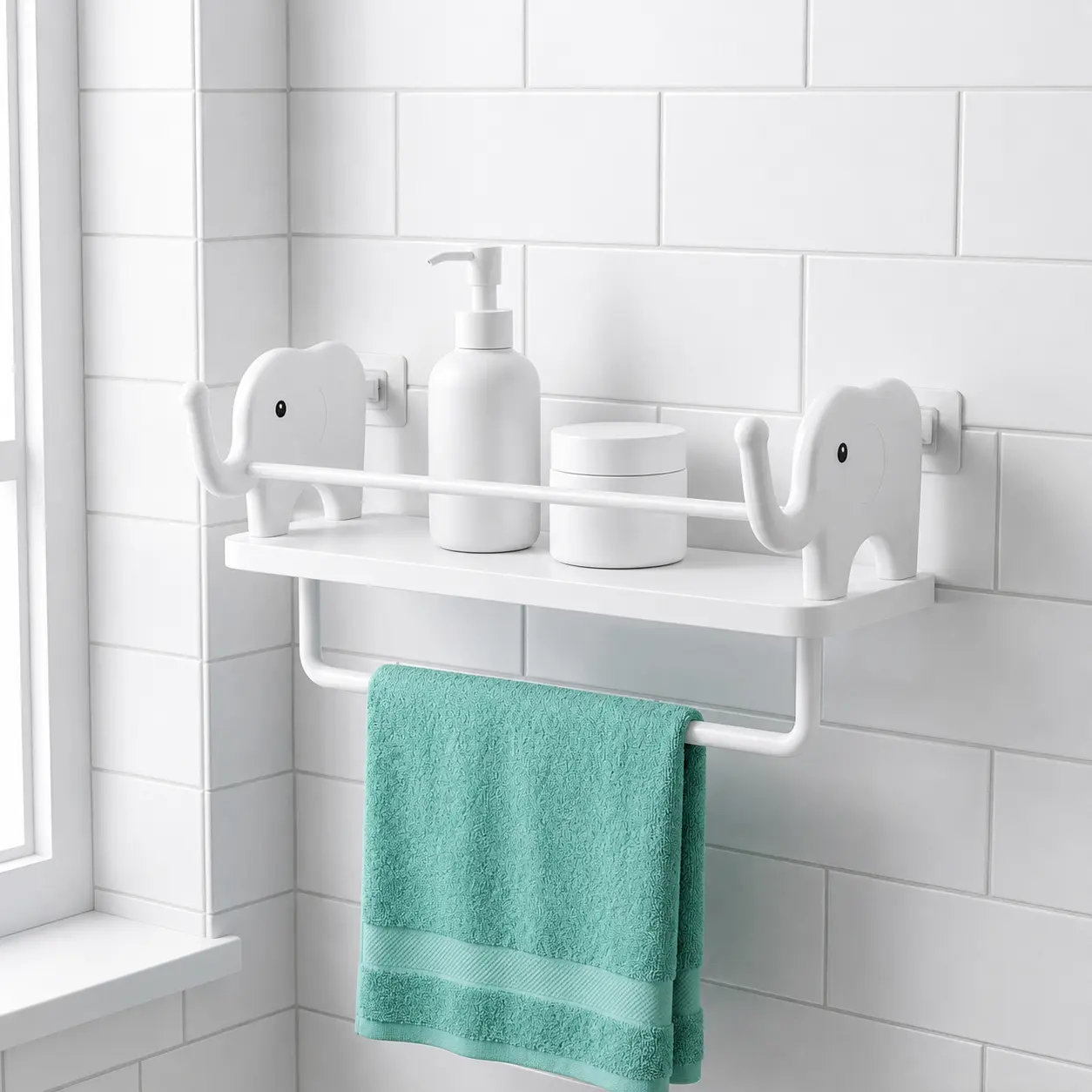 Elephant-Shaped No-Drill Plastic Wall Hanging Storage Rack - Tool-Free Assembly, 5kg Load Capacity, Durable and Reliable Animal Theme Bathroom Decor, Artistic Bedroom Accessories, Kitchen Small Item Organizer, Gift Idea