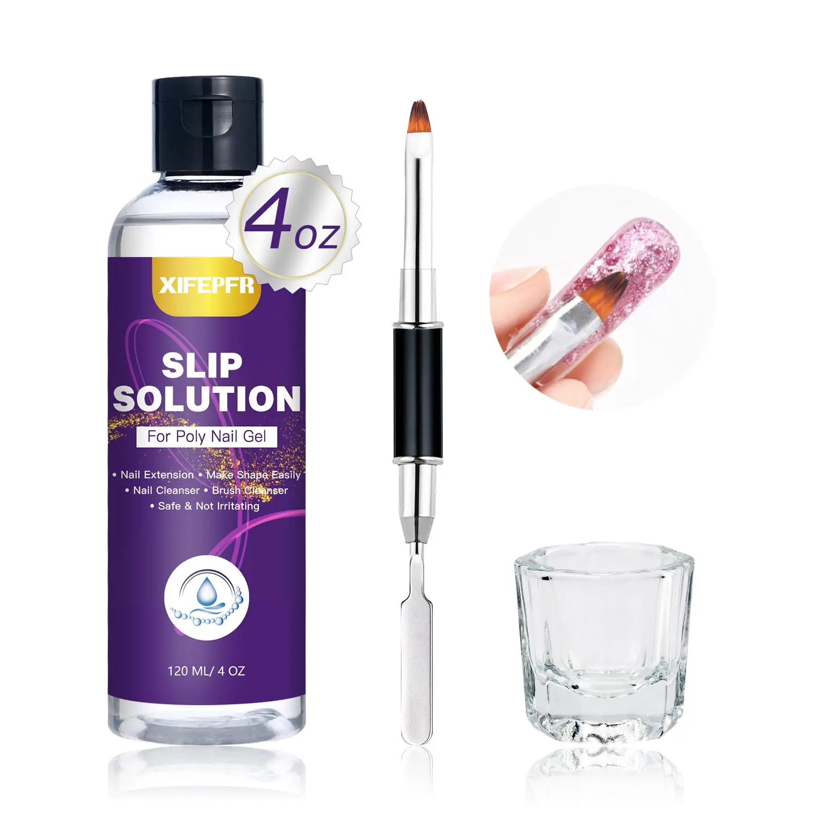 Xifepfr 120ml Poly Gel Slip Solution, Anti-Stick Liquid for Smooth Polygel Nails, Nail Care Kit with Dual-Ended Brush and Glass Cup, Prevents Stickiness, Use With Brush, User-Friendly, Bottle, Box, Gift, Nail Extension Gel