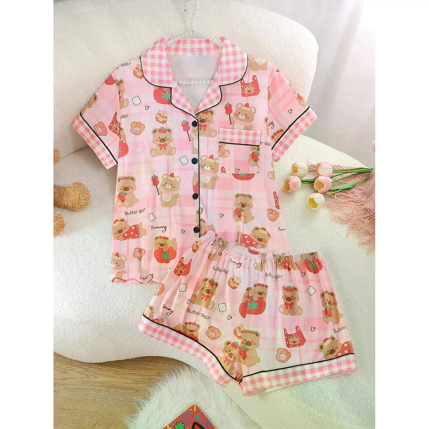 Women's 2-Piece Pajama Set - Casual Short Sleeve Open Front Top & Elastic Shorts with Cartoon Bear Design, Comfortable & Breathable All-Season Sleepwear
