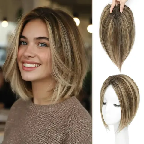 10 inch Hair Toppers for Women Real Human Hair Toppers with Thinning Hairpieces for Women 10 Inch Human Hair Topper for Cover Gray Roots, Handmade, Swiss Lace, Clip On, Modern, Toupee, Hair Clips