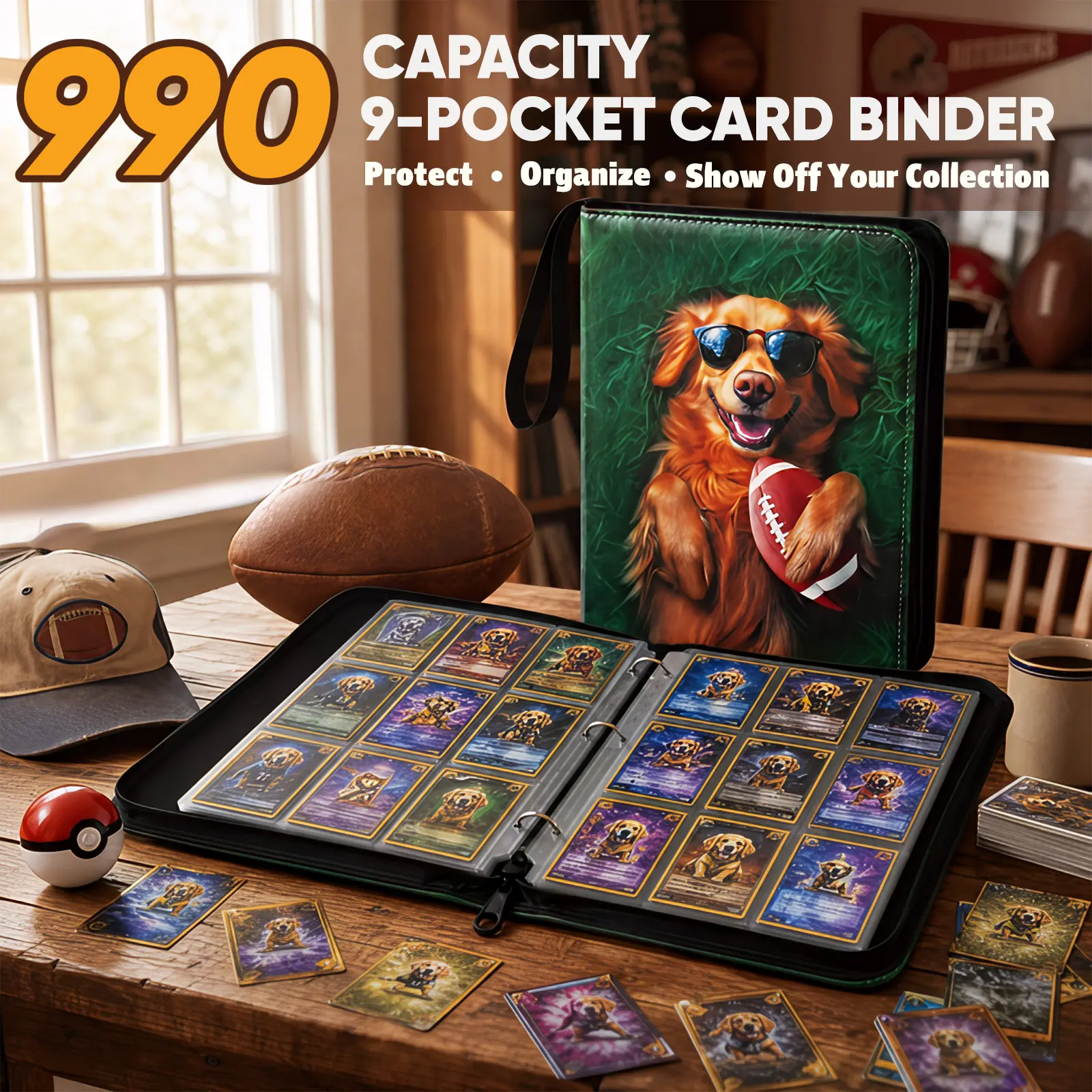 Football Card Binder 9-Pocket 990 Cards, Trading Card Binder for Sports Cards Collection, Zip-Up Card Holder Album with 55 Removable Pages, Wrist Strap, Gift for Kids, Beginners and Collectors