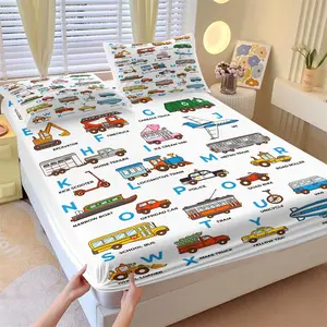 Alphabet Construction Vehicle Kids Fitted Sheet Set, Include One Bedspread and Two Pillowcases without Core, ABC Learning Car Truck Patterns Bedcap, Soft Breathable Deep Pocket Mattress Cover, Fashion Cute Cartoon Bedding