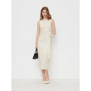 Cider Polka Dot Boat Neck Tie Side Split Maxi Dress