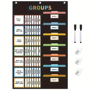 Bohemian Style Group Management Pocket Chart with 114 Cards Classroom Work Chart, Large Size, Group Work Management Hanging Bag Set Includes 2 Markers, 3 Hooks, 114 Cards) School Teacher Primary School Learning Supplies Group Storage Bag (Black)