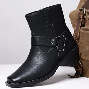 Men’s Western buckle short boots — vintage brown square-toe short denim boots, vintage distressed zip work boots