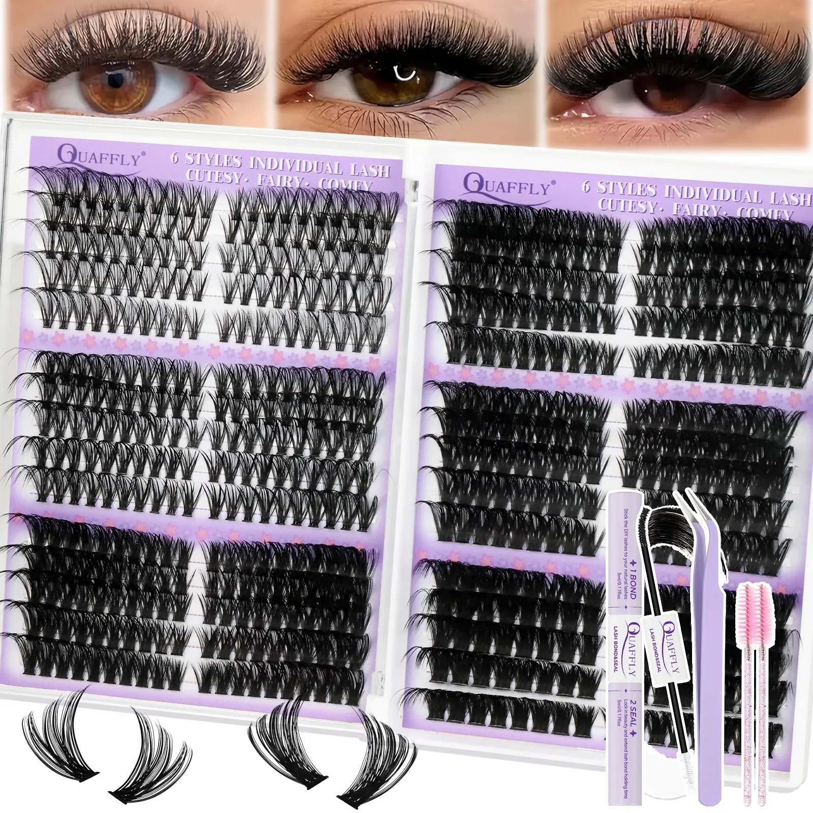 Lash Clusters Kit, Best Lash Clusters, Beauty, Fluffy Eyelash Clusters, Volume Eyelashes, 570 Pcs 6 Styles 8-16mm Individual Lashes D Curl Wispy False Eyelashes Thin Band, with Glue LashBond&Seal Tweezers Brush Easy DIY At Home