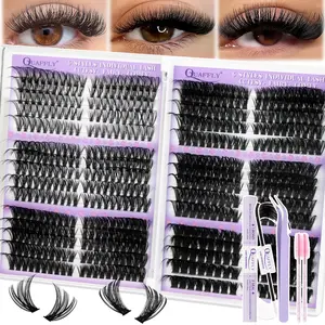 Lash Clusters Kit, Fluffy Eyelash Clusters, Eyelash Extensions Set, 570 Pcs 6 Styles Eyelashes Clusters 8-16mm Individual Lashes D Curl Thick Wispy False Eyelashes Thin Band, with Eyelash Extension Glue LashBond&Seal Tweezers Brush DIY At Home