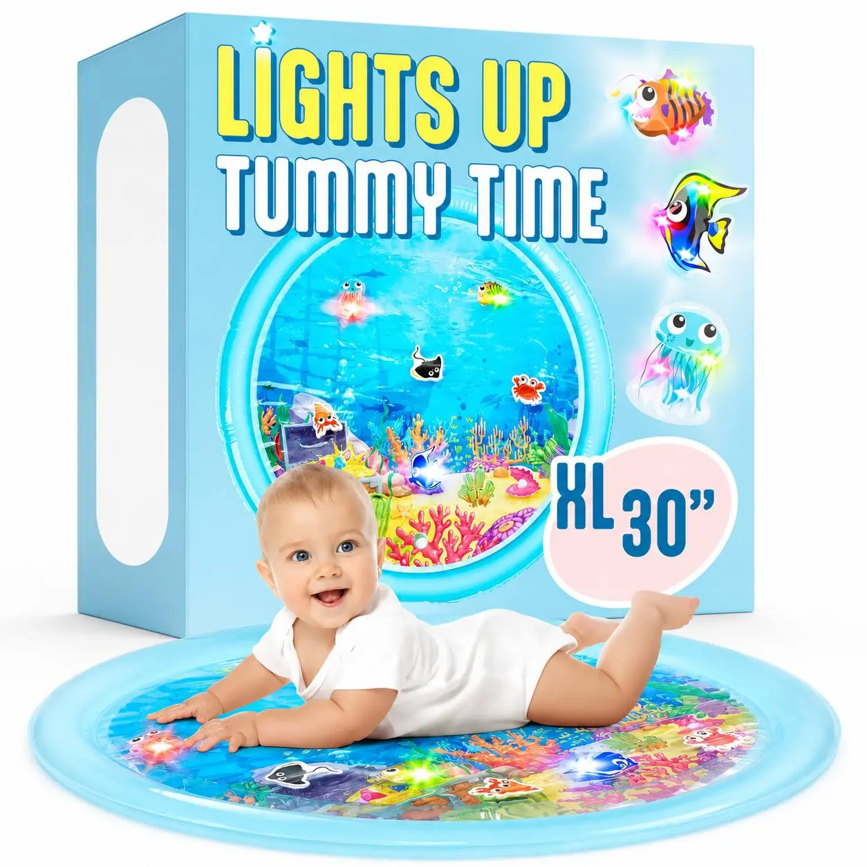 SplashEZ 30" / 76 cm Light-Up Tummy Time Water Mat Sensory Playset for Babies, Baby Items with 3 LED Glow-Up Fish, 3 Floating Toys, BPA-Free, CPSC Certified, Easy to Clean Play Mat Ocean summervibes️
