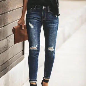 Ripped Stretchy Skinny Jeans, Distressed Whiskering Slash Pocket Washed Blue Mid Waist Denim Pants, Women's Denim Jeans & Clothing Womenswear Bottom Can be used with a raincoat