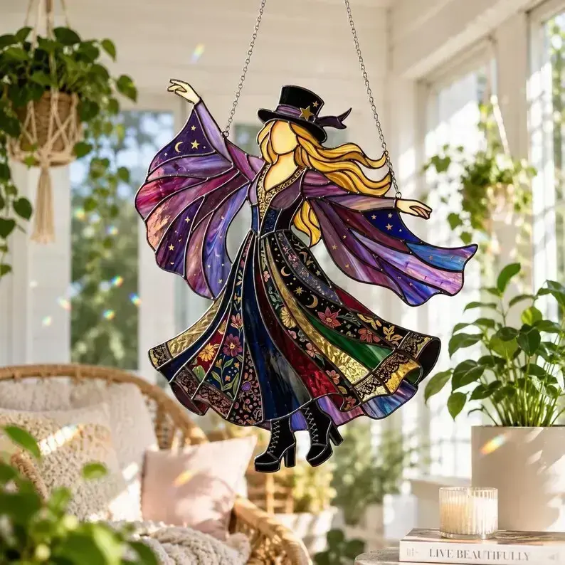 Vintage Mystic Muse Stevie Nicks Acrylic Window Hanging, Celestial Boho Music Inspired Suncatcher, Colorful Light Catcher, Music Home Décor, Gift For Fans