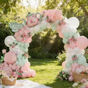 140 Piece Spring Tea Party Balloon Arch Set, Macaron Mint Latex Balloons, Floral Pattern for Birthday Garden Mother's Day