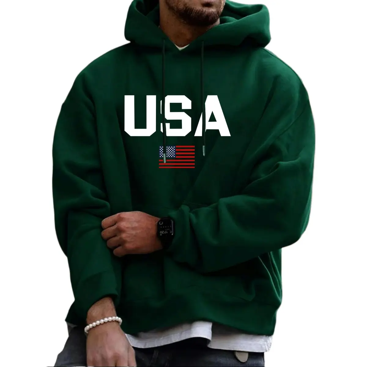 Men's USA Flag Printed Hooded Sweatshirt - Patriotic America-Themed Printed Hoodies, Loose-Fit Long-Sleeve Polyester Pullover, Machine Washable, All-Day Warm Casual Top for Spring & Autumn, US Pride Jumper, Printed Men's Hoodies, America-Themed Men's Hood