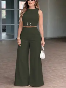 TikTok viral summer olive green women's two-piece set, sleeveless cropped top paired with high-waisted wide-leg pants, simple, minimalist, sophisticated and Chic outfit suitable for vacations, brunches, and day-to-night commuting