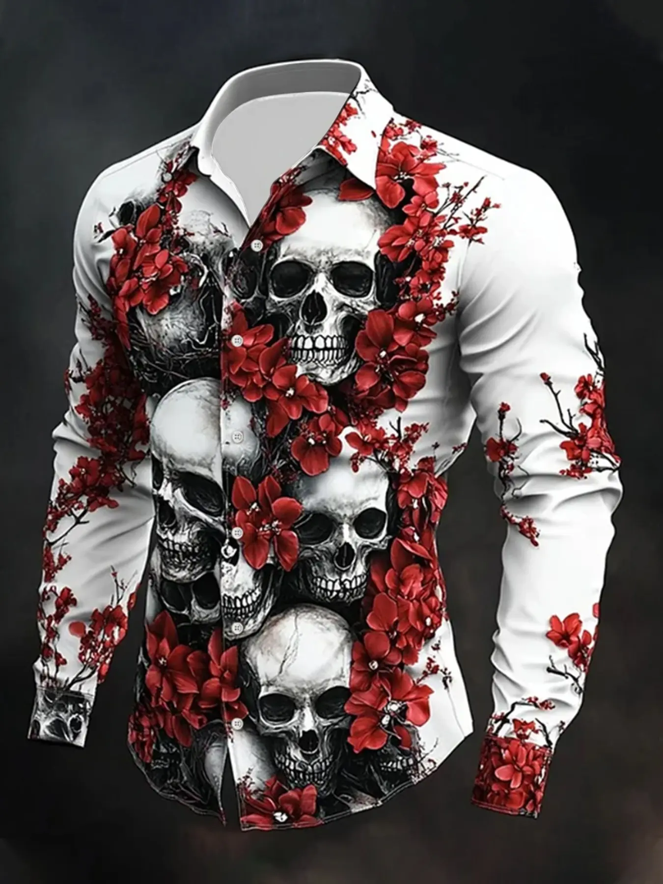 Men's Skull Floral Print Graphics Long Sleeve Shirt, Casual Fitted Woven Fabric, Spring & Fall Fashion, Unique Aesthetic Design for Stylish, Casual Party Shirt