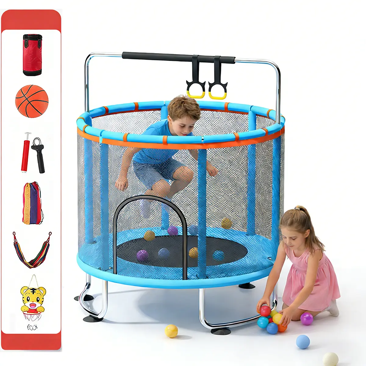 60-in Kids' Sports Trampoline for Girls - 5-in-1 Indoor/Outdoor Active Play Set with Safety Net, Swing, Adjustable Gym Bar, Basketball Hoop, 500lbs Capacity, Girl, Boy, Unisex, Toddlers, 60 Inches