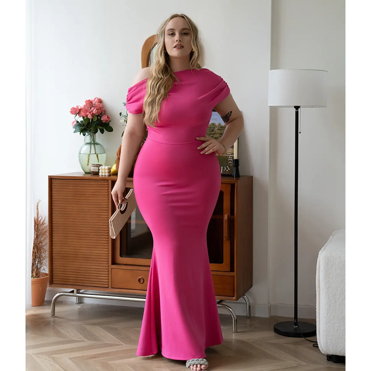 midi burnt orange dresses for wedding guest Elegant Glittery V-Neck Long Sleeve Midi Wedding Guest Dress main image 1