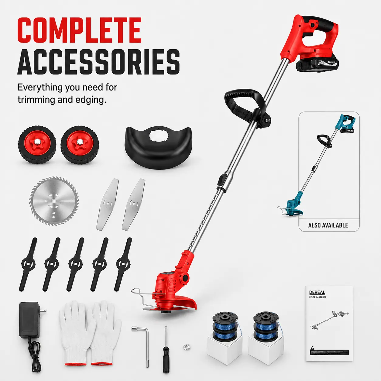 Cordless 2-in-1 String Trimmer & Edger, 2x 20V Lithium Batteries, 112-147cm Telescopic Adjustable Shaft, Wheel Kit, LED Light for Lawn Garden Maintenance