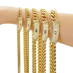 LUNA US Golden Hip Hop Easter Jewelry Men's Shining Stainless Steel Cuban Chain Bracelets and Necklace 6/8/10/12/14 mm chain width