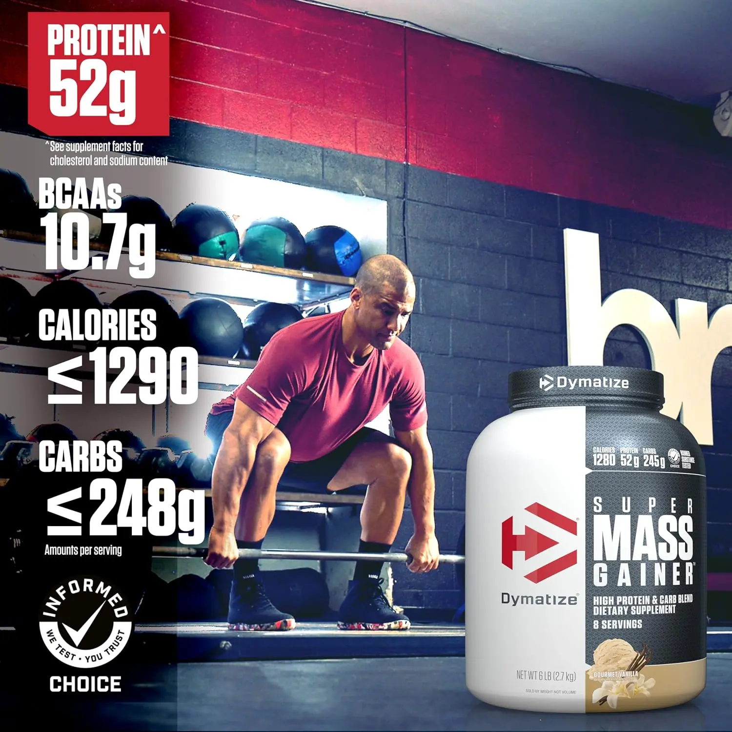 Dymatize Super Mass Gainer Protein Powder, Gourmet Vanilla, 52g Protein, 1g Creatine, 1280 Calories, 10.7g BCAAs, 245g Carbs, Contains Whey Protein Powder, Isolate, and Casein (8 Servings) Fitness