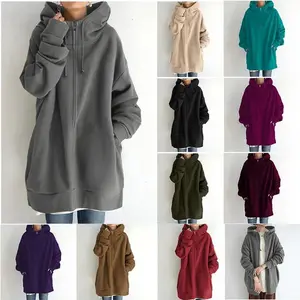 Extra Large S-5XL Women's Loose Hooded Jacket Autumn Women's Tie Long Sleeve Zipper Fleece Extra Long Sweatshirt