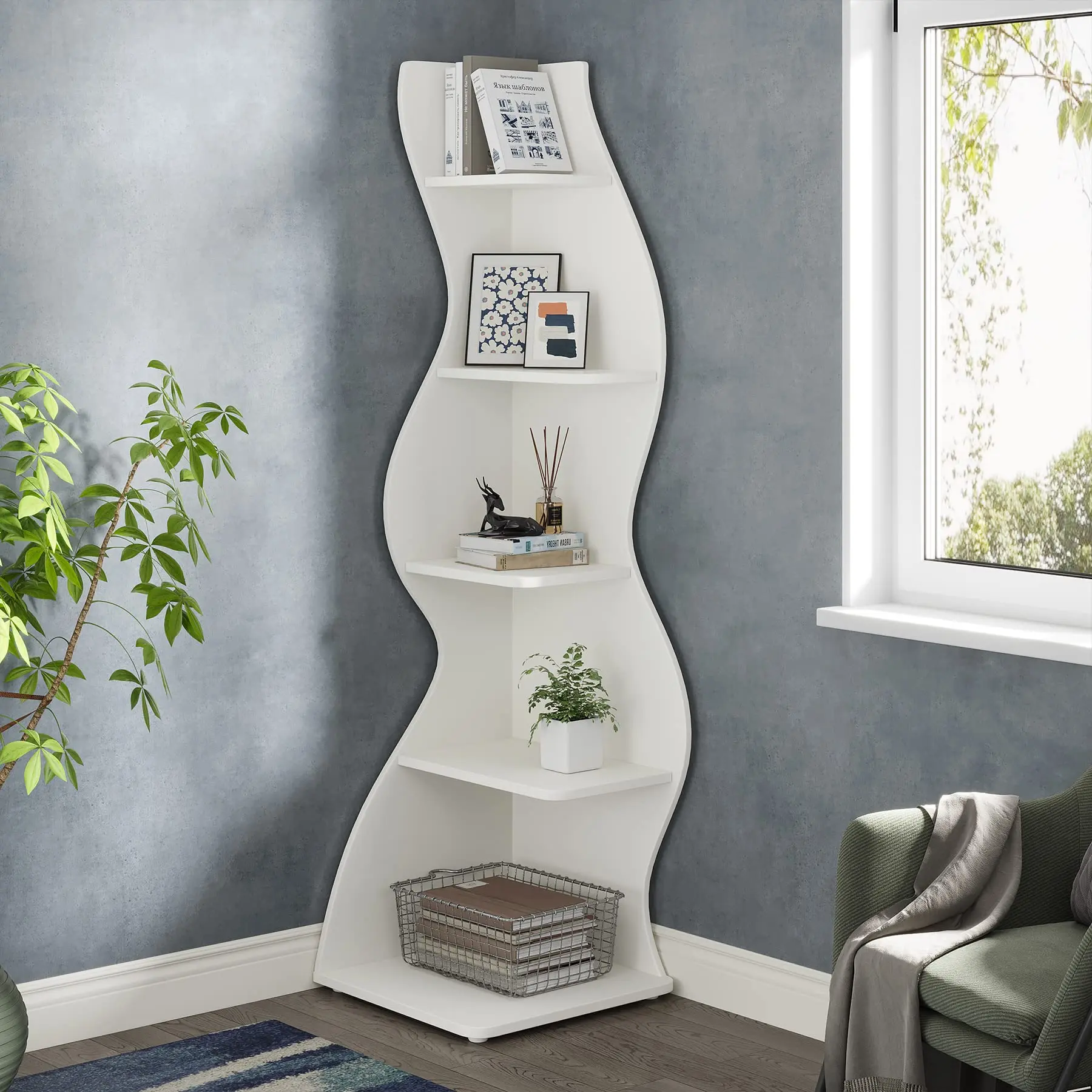 Tribeeco Modern 5-Tier Wall Corner Bookshelf, Stylish Corner Small Bookcase Storage Rack, for Living Room, Bedroom, and Entryway Decor Shelves Tribeeco Modern 5-Tier Wall Corner Bookshelf, Stylish Corner Small Bookcase Storage Rack, for Living Room, Bedroom, and Entryway Decor Shelves