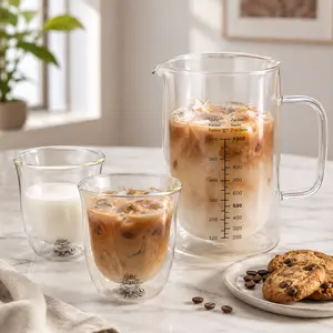 Barista-Style Café-Quality Home Coffee Set - 33.8oz Glass Measuring Pitcher & 8.1oz Double Wall Borosilicate Cups, Hot/Cold Friendly, Clear Scale, Comfort Grip, No Condensation, Easy Pour for Iced Coffee, Cold Brew, Tea & Juice