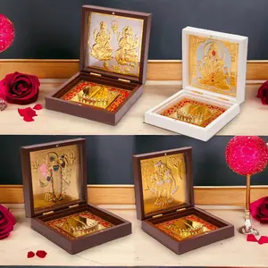 Sacred Gold-Plated Charan Paduka Set | Hindu God Frames: Ganesh, Radha Krishna, Ram Laxman Sita | Diwali, Pooja Decor, Gift