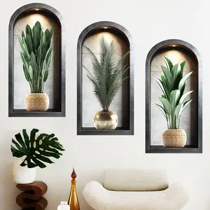3-piece set, Nordic green plant themed simulated arched window flower basin wall sticker, self-adhesive removable decorative sticker, Vinyl Wall Stickers, suitable for wall decoration in living rooms, dining rooms, and study rooms