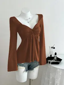 Women's Spring Autumn Solid Color V Neck Long Sleeve Elegant T-Shirt, Casual Business Commute Knit Top, Daily Wear Fashion