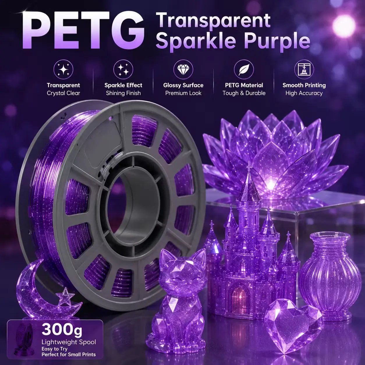 Transparent Sparkle Purple PETG 3D Printer Filament 1.75mm, 0.66lbs ， Dreamy Galaxy Purple with Silver Speckles Low Warpage No Clogging, Perfect for Mystical Art Decor Designer Toys & Statement Pieces printing fdm, Sparkle Effect, Galaxy And Celestial Dec