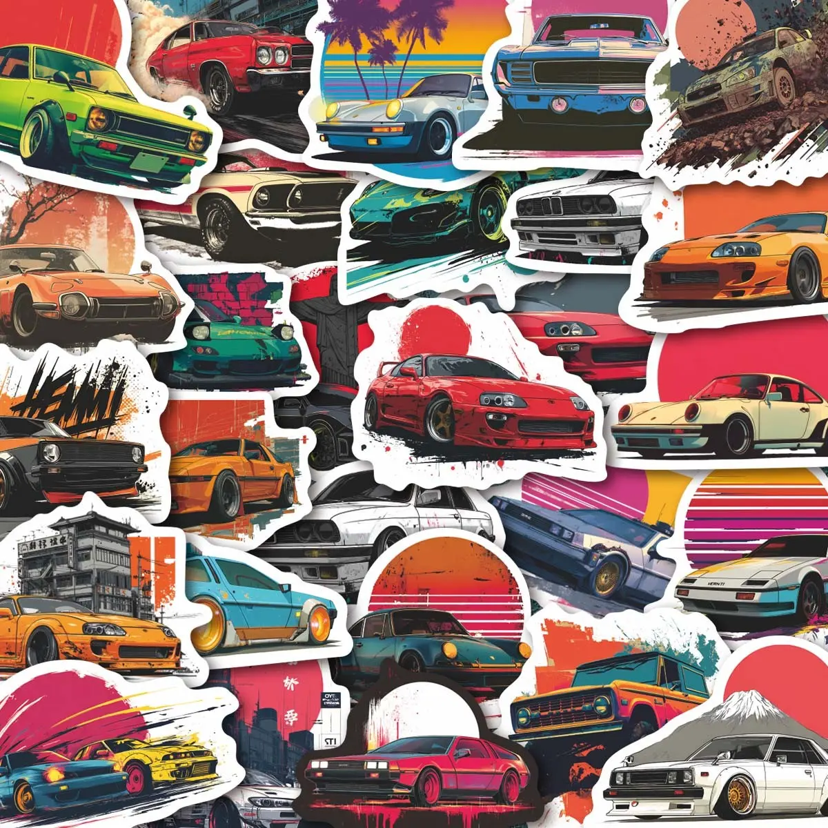50Pcs Cyberpunk JDM Car Stickers Pack, Waterproof Retro Sports Car & Neon Cityscape Vinyl Decals for Laptop, Water Bottle, Skateboard & Journal, Car Enthusiast Gift