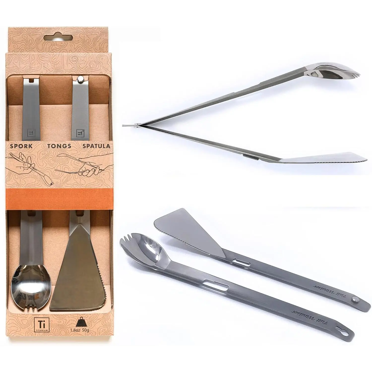 Titanium Alloy Multi-Tool Set - Compact Lightweight Silver Spork, Tongs, Spatula & Ladle Durable Utensils Pack for Camping, Backpacking, Travel, Outdoor Adventures