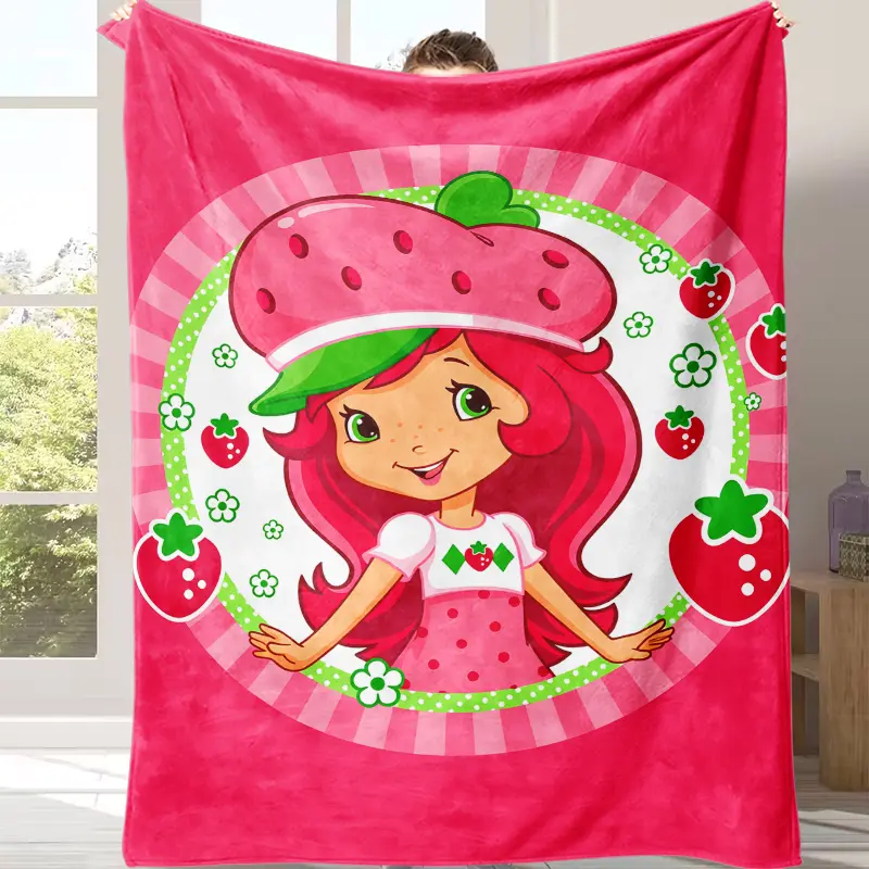 Viral Retro Strawberry Shortcake Flannel Throw Blanket, Cute Pink Strawberry Printed Cozy Blanket, Aesthetic Coquette Room Decor, Soft Warm Nostalgic Blanket, Ideal Sweet Gift for Birthday Holiday & Daily Surprise