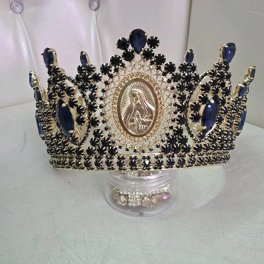 Navy Blue and Gold Quinceañera Crown with Virgen Mary Design