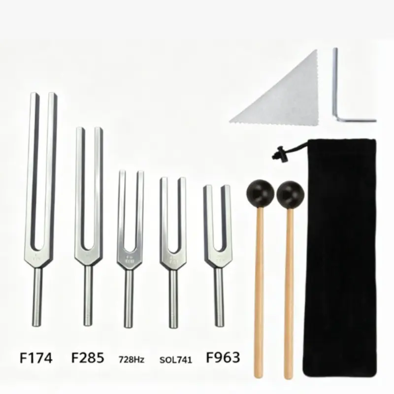 Therapy Set Tuning Forks (174+285+728+741+963), Medical Instruments with Velvet Bag and Hammer, Sound Healing Tools