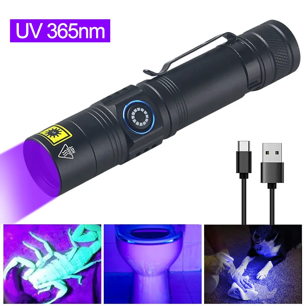 UV Flashlight with Black UV Filter - 5W 365nm USB-C Rechargeable LED Torch, Metal Clamped 71g Lightweight Aluminum Alloy Pen, No Power Status Light, 1X18650 Battery, 125mmX25.5mmX25.5mm, for Outdoor Rockhounding Detection
